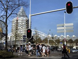 The Binnenrotte square with the Blaaktoren tower, the Rotterdam Blaak Railway Station and the Kubuswoningen buildings, viewed from the car on the Blaak street