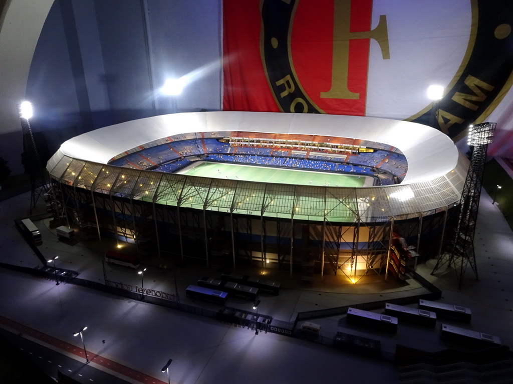 Scale model of `De Kuip`, the stadium of Feyenoord Rotterdam, at Miniworld Rotterdam, in the dark