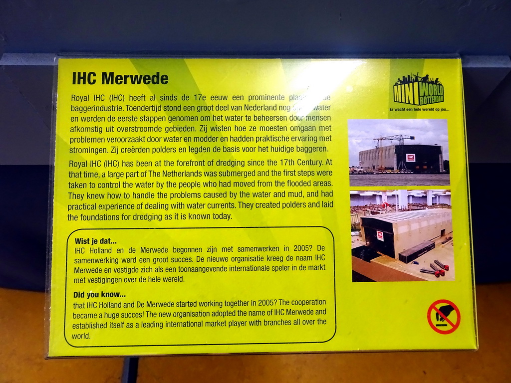 Explanation on the Royal IHC building and ship at Miniworld Rotterdam