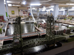 Scale models of the Koningshavenbrug bridge, the Erasmusbrug bridge and the Euromast tower at Miniworld Rotterdam