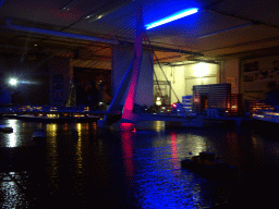 Scale model of the Erasmusbrug bridge at Miniworld Rotterdam, in the dark