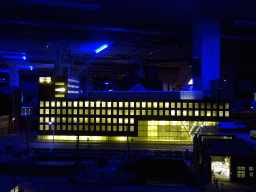 Scale model of the RTV Rijnmond building at Miniworld Rotterdam, in the dark