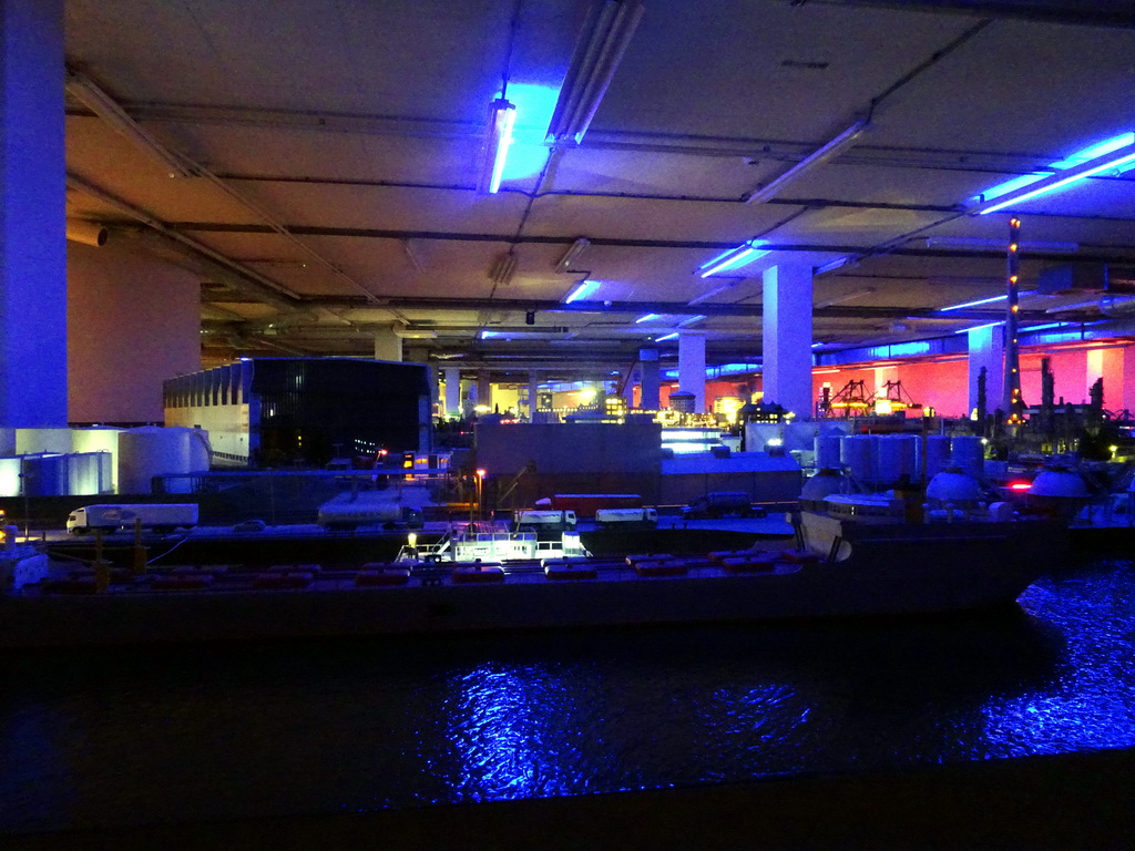 The Petroleum Harbour area at Miniworld Rotterdam, in the dark