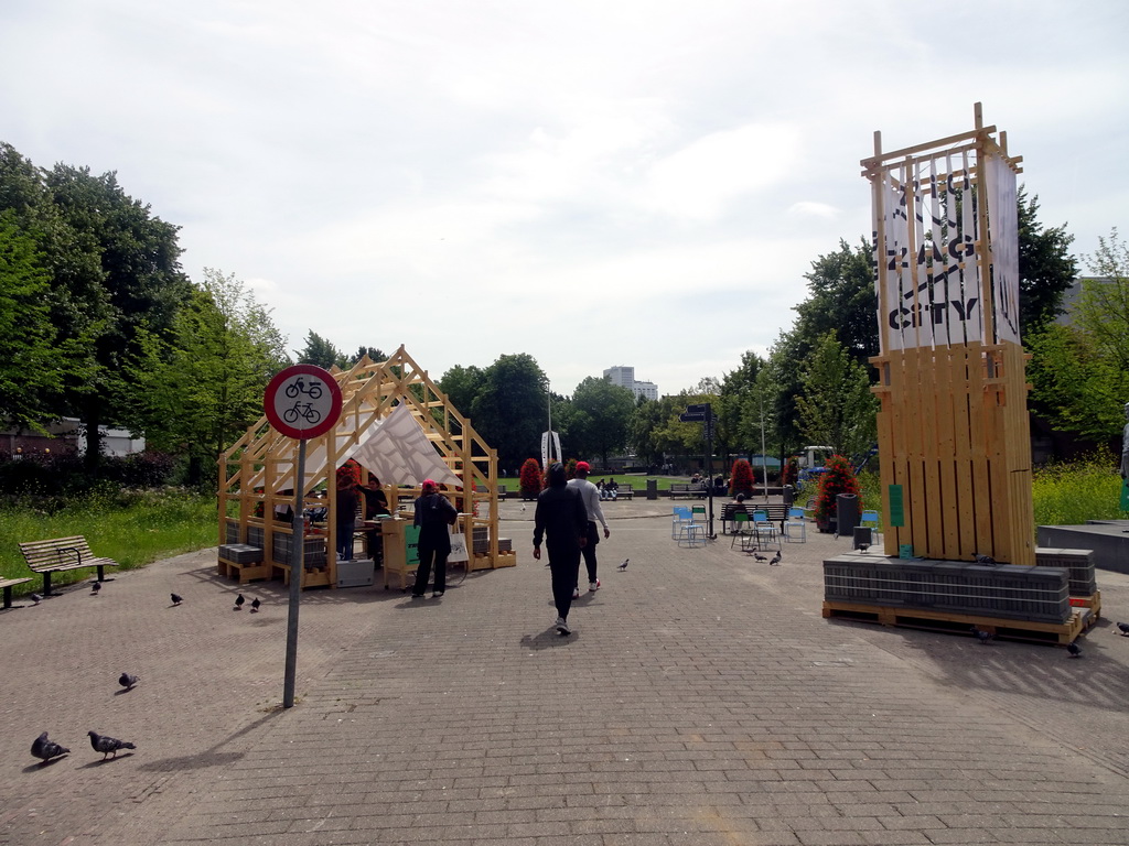 Stands of the architecture festival ZigZagCity at the park at the West-Kruiskade street