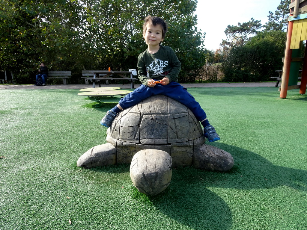 Max on a turtle statue at the playground in front of the theatre of the Vrije Vlucht Voorstelling at the South America area at the Diergaarde Blijdorp zoo