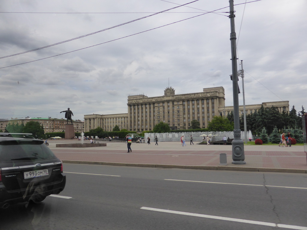 Moscow Square with a statue of Vladimir Lenin and the House of Soviets, viewed from the taxi from the airport to the city center