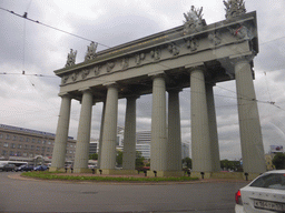 The Moscow Triumphal Gate at the Moskovsky Prospekt street, viewed from the taxi from the airport to the city center