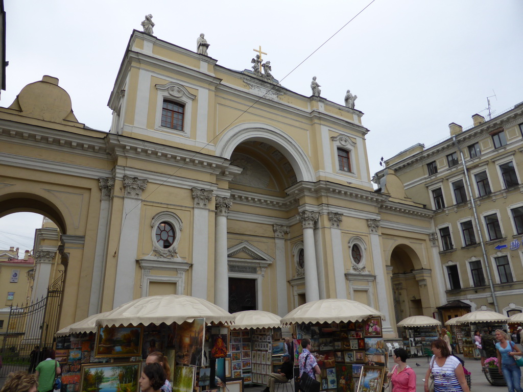 Street artists in front of the Catholic Church of St. Catherine at the Nevskiy Prospekt street