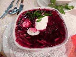 Borscht soup in the Baku restaurant at Sadovaya street