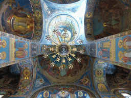 Ceiling with central dome and chandeleer in the Church of the Savior on Spilled Blood