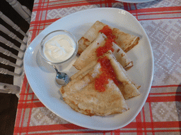 Pancakes with caviar at the Ivanoff House restaurant at the Nevskiy Prospekt street