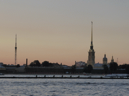 The Neva river and the Peter and Paul Fortress with the Peter and Paul Cathedral, at sunset