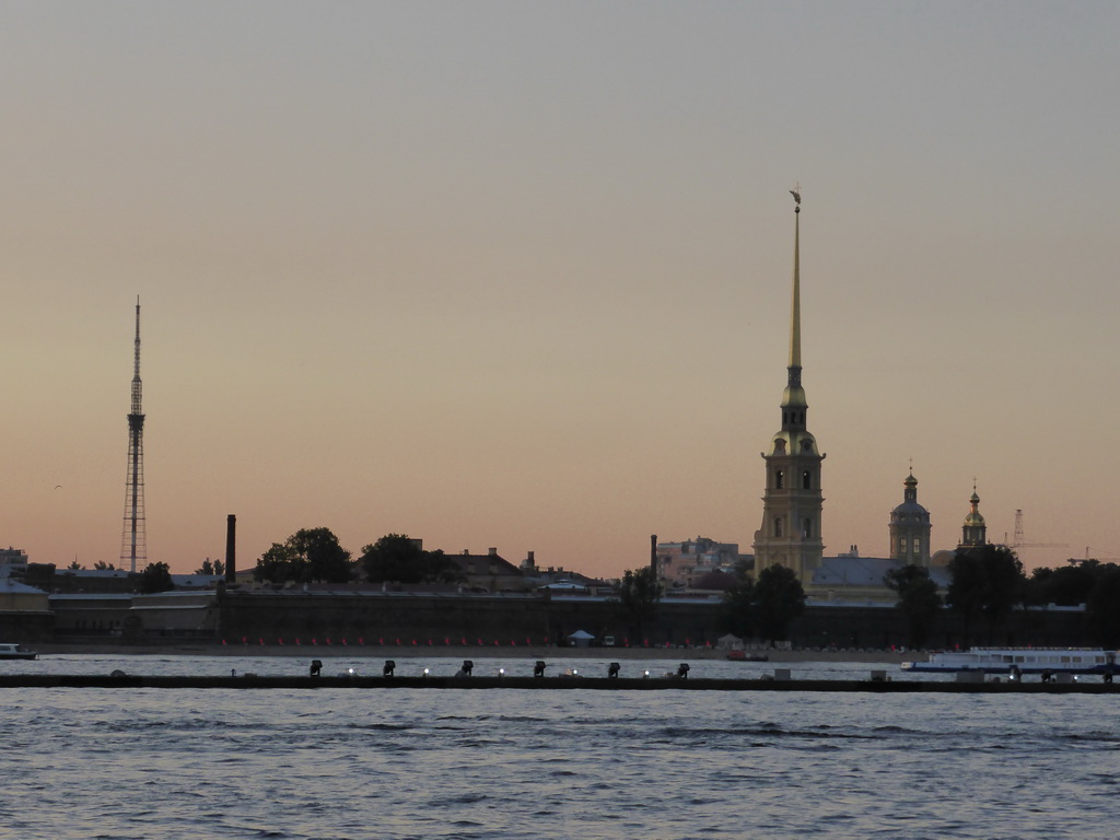 The Neva river and the Peter and Paul Fortress with the Peter and Paul Cathedral, at sunset