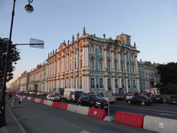 The west side of the Winter Palace of the State Hermitage Museum at the Dvortsovaya street, at sunset