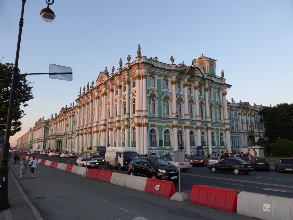 The west side of the Winter Palace of the State Hermitage Museum at the Dvortsovaya street, at sunset