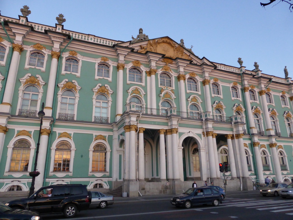 The northwest side of the Winter Palace of the State Hermitage Museum at the Dvortsovaya street, at sunset