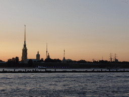The Neva river and the Peter and Paul Fortress with the Peter and Paul Cathedral, at sunset