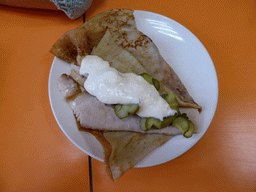 Pancakes at brunch in a restaurant at the Nevskiy Prospekt street