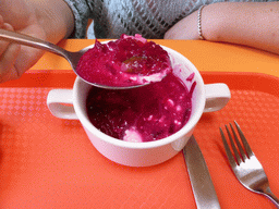 Miaomiao with Borscht at brunch in a restaurant at the Nevskiy Prospekt street