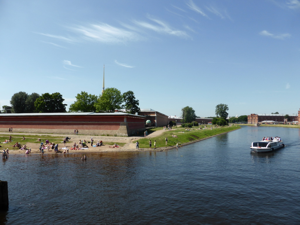 The Zayachy Island with the Peter and Paul Fortress and a boat in the Kronverksky Strait, viewed from the Ioannovsky Bridge