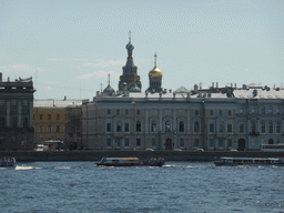 Boats in the Neva river, the front of the Winter Palace of the State Hermitage Museum and the dome of the Church of the Savior on Spilled Blood, viewed from the Ioannovsky Bridge