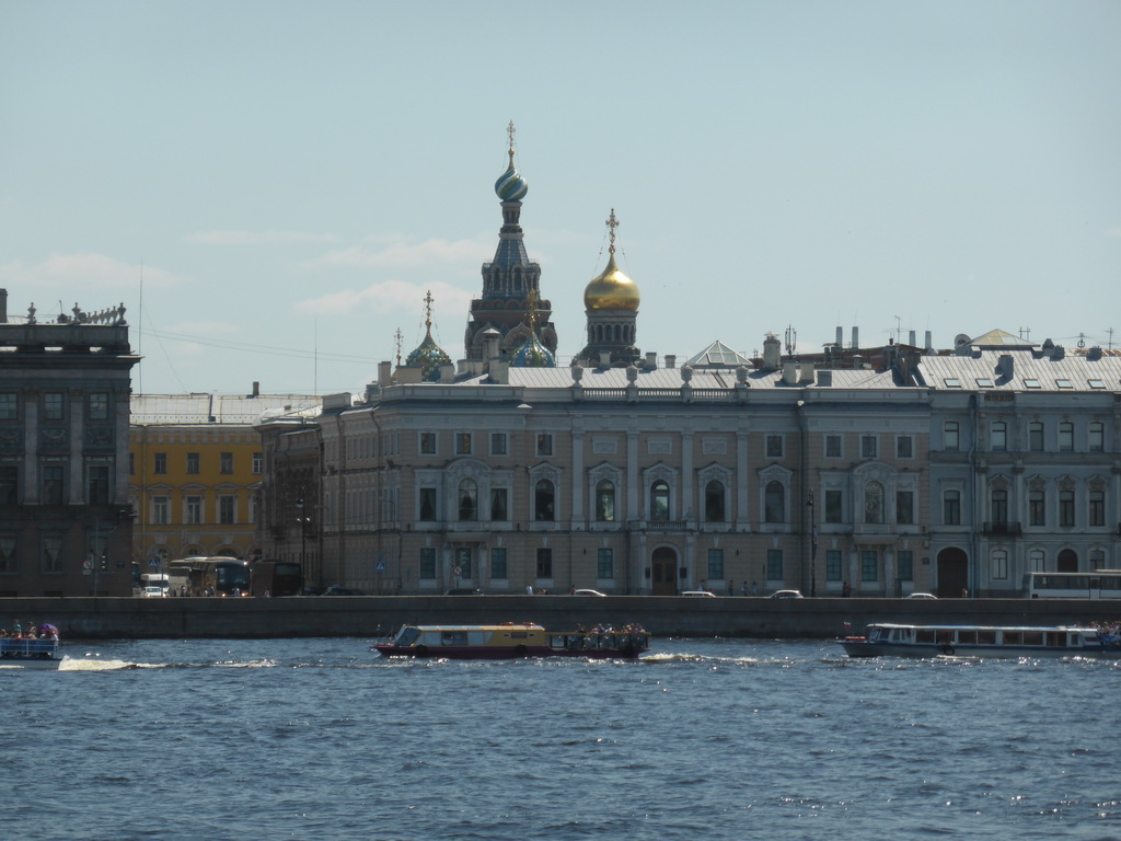 Boats in the Neva river, the front of the Winter Palace of the State Hermitage Museum and the dome of the Church of the Savior on Spilled Blood, viewed from the Ioannovsky Bridge