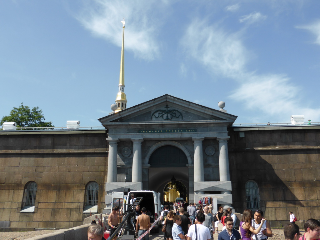 Commandant`s Landing with the Neva Gate and the tower of the Peter and Paul Cathedral at the Peter and Paul Fortress