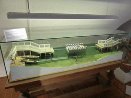 Scale model of the St. Nicholas Pontoon Ferry in 1746, at the exhibition `History of Peter and Paul Fortress` in the Neva Curtain at the Peter and Paul Fortress