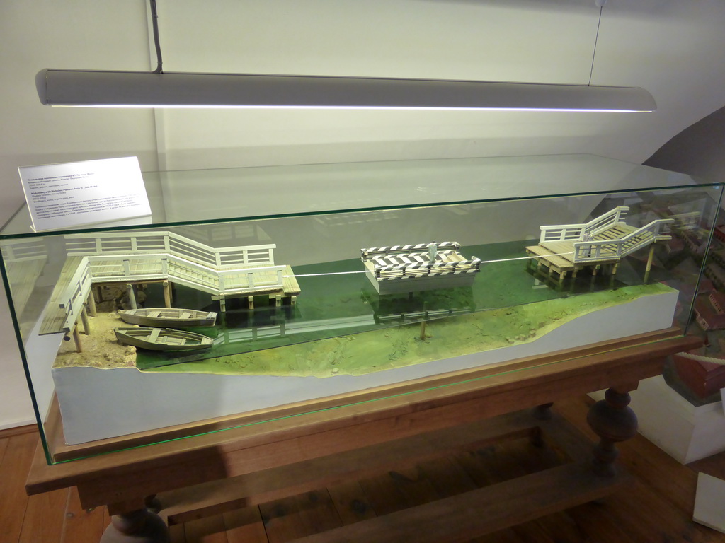 Scale model of the St. Nicholas Pontoon Ferry in 1746, at the exhibition `History of Peter and Paul Fortress` in the Neva Curtain at the Peter and Paul Fortress