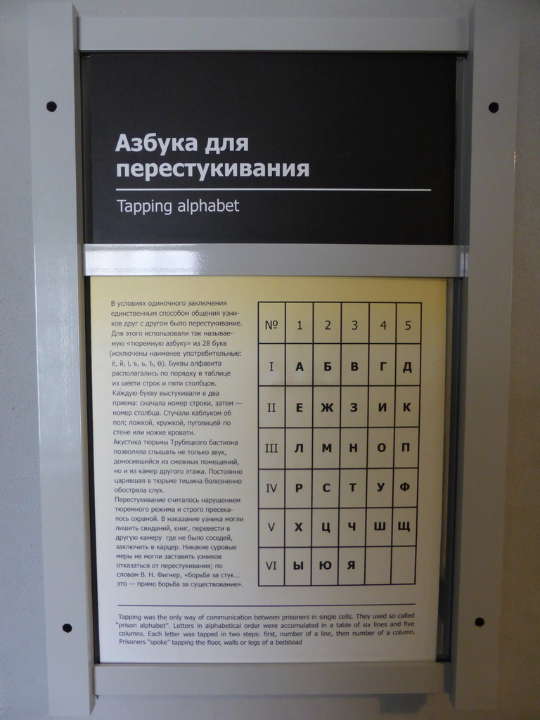 Information on the tapping alphabet, at the Trubetskoy Bastion Prison at the Peter and Paul Fortress
