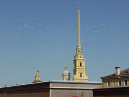 Towers of the Peter and Paul Cathedral and the Grand Ducal Burial Chapel at the Peter and Paul Fortress sticking out above the rooftops