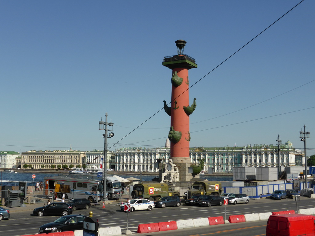 Rostral Column, the Neva river and the northwest side of the Winter Palace of the State Hermitage Museum, viewed from the Old Saint Petersburg Stock Exchange