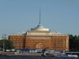 Boats in the Neva river and the east side tower of the Admiralty