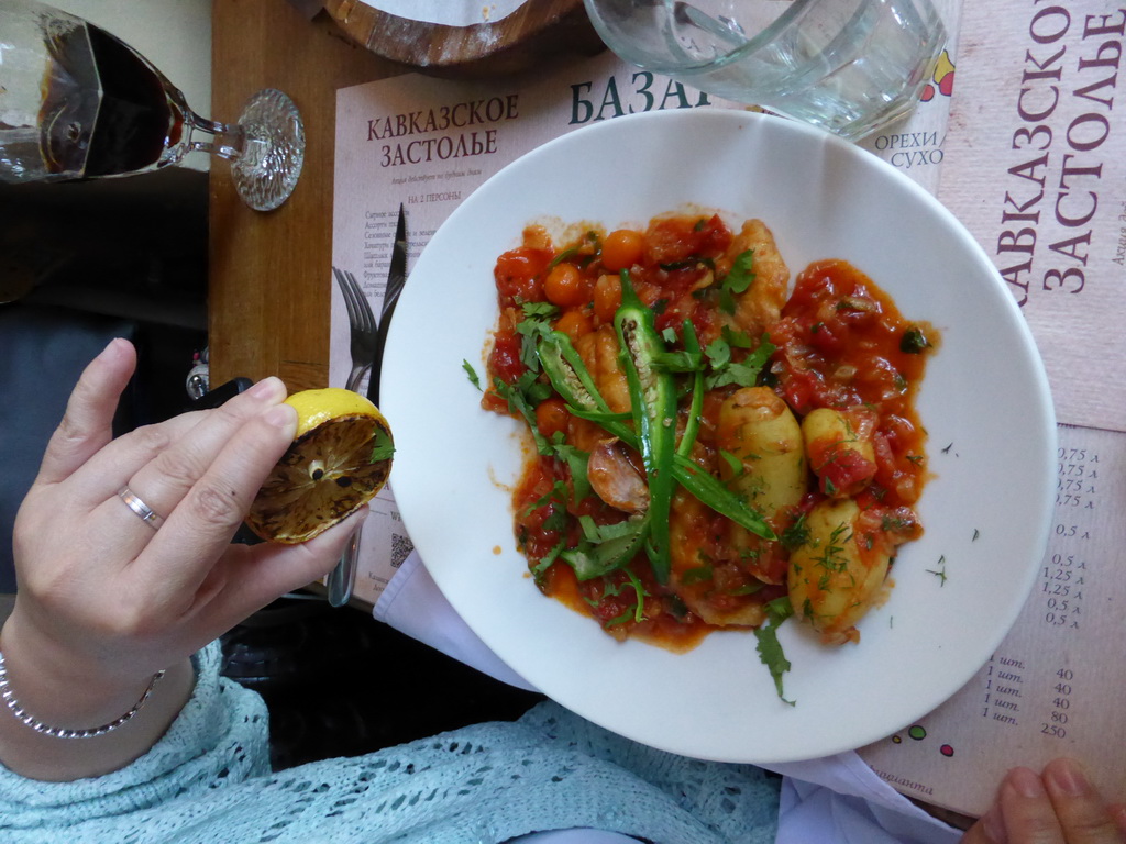 Miaomiao having dinner at the Mamaliga Restaurant at Kazanskaya Square