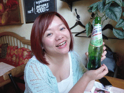 Miaomiao with a Natakhtari bottle at the Mamaliga Restaurant at Kazanskaya Square