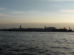 The Neva river with the Palace Bridge, the Kunstkamera museum, the Old Saint Petersburg Stock Exchange, the Rostral Columns and the Pushkin House, viewed from the tour boat