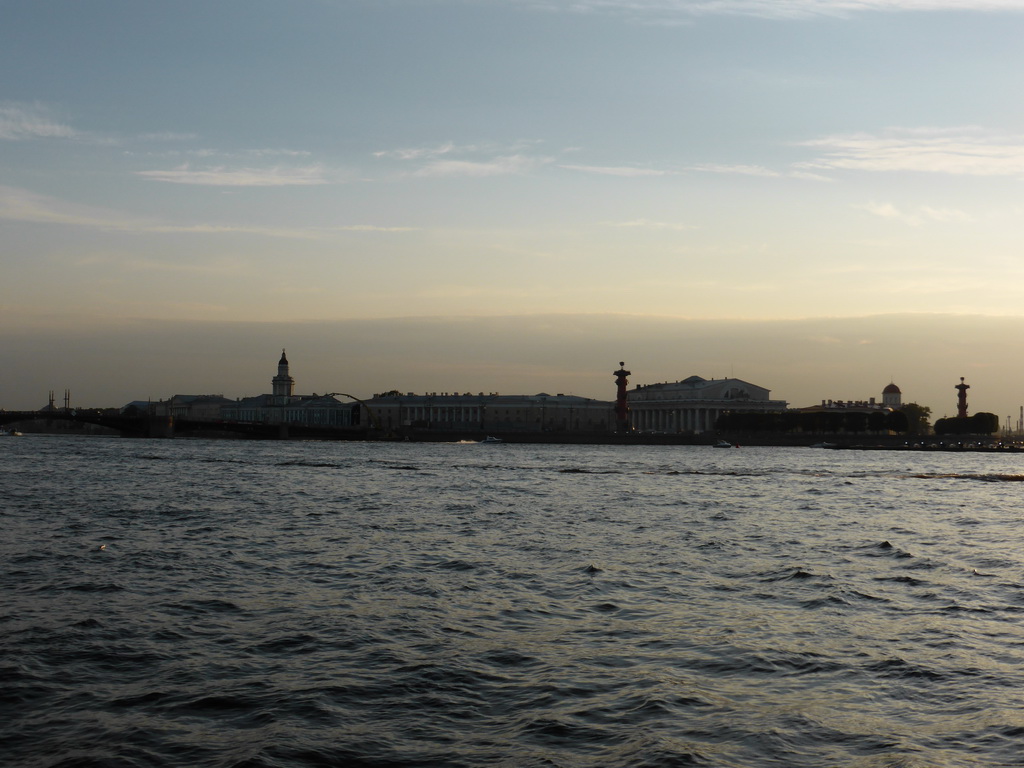 The Neva river with the Palace Bridge, the Kunstkamera museum, the Old Saint Petersburg Stock Exchange, the Rostral Columns and the Pushkin House, viewed from the tour boat