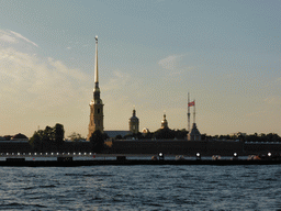 The Neva river and the Peter and Paul Fortress with the Peter and Paul Cathedral, the Grand-Ducal Burial Chapel and the Flagstaff Tower, viewed from the tour boat