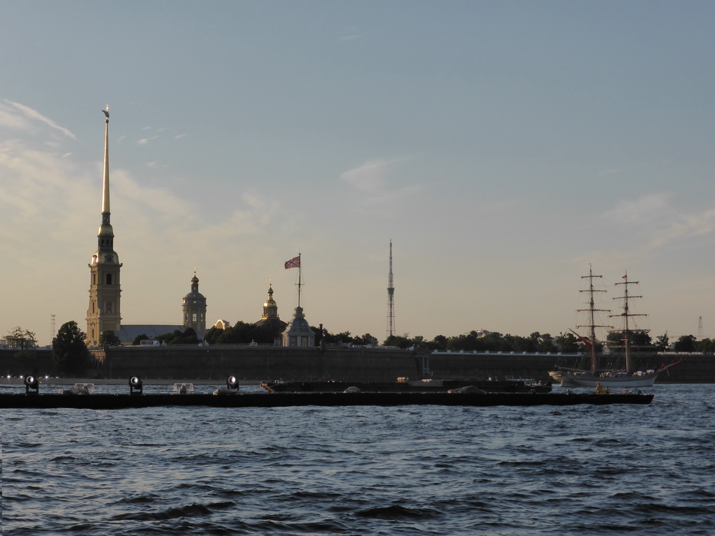 The Neva river and the Peter and Paul Fortress with the Peter and Paul Cathedral, the Grand-Ducal Burial Chapel and the Flagstaff Tower, viewed from the tour boat