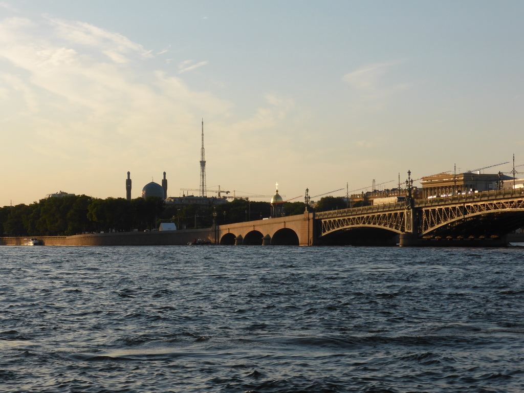 The Troitsky Bridge over the Neva river and the Saint Petersburg Mosque, viewed from the tour boat
