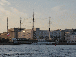 Boat in the Neva river, Troitskaya Square and the LenNIIProject buildings, viewed from the tour boat