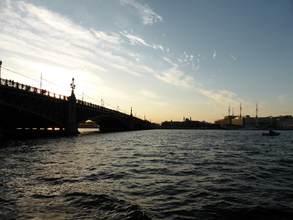The Troitsky Bridge over the Neva river, the Saint Petersburg Mosque and the LenNIIProject buildings, viewed from the tour boat