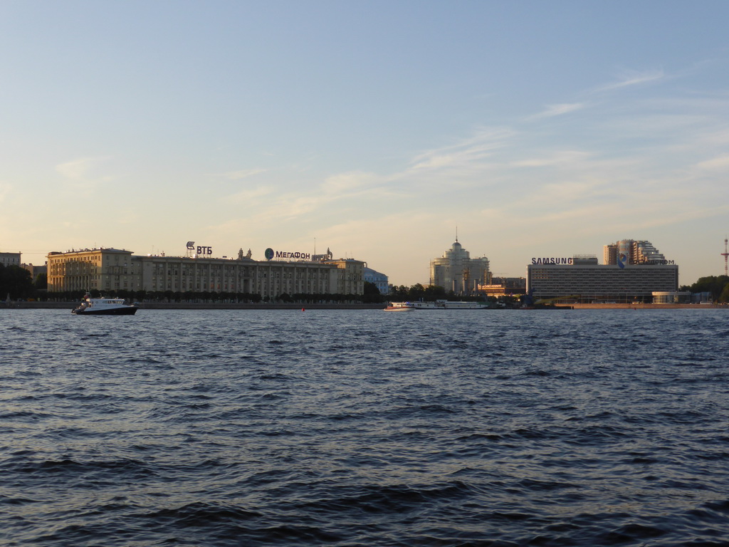 The Neva river and buildings on the north side of the Neva river, viewed from the tour boat