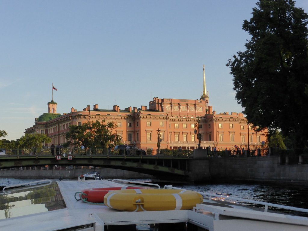 The Panteleymonovsky Bridge over the Fontanka river and the Mikhailovsky Castle, viewed from the tour boat