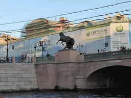 Statue at the Anichkov Bridge over the Fontanka river, viewed from the tour boat