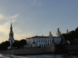 The Kryukov canal, a pedestrian bridge over the Griboyedov canal and the Naval Epiphany Cathedral of St. Nicholas, viewed from the tour boat