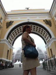 Miaomiao with the Arch of the General Staff Building and the stage for the Scarlet Sails celebration at Palace Square