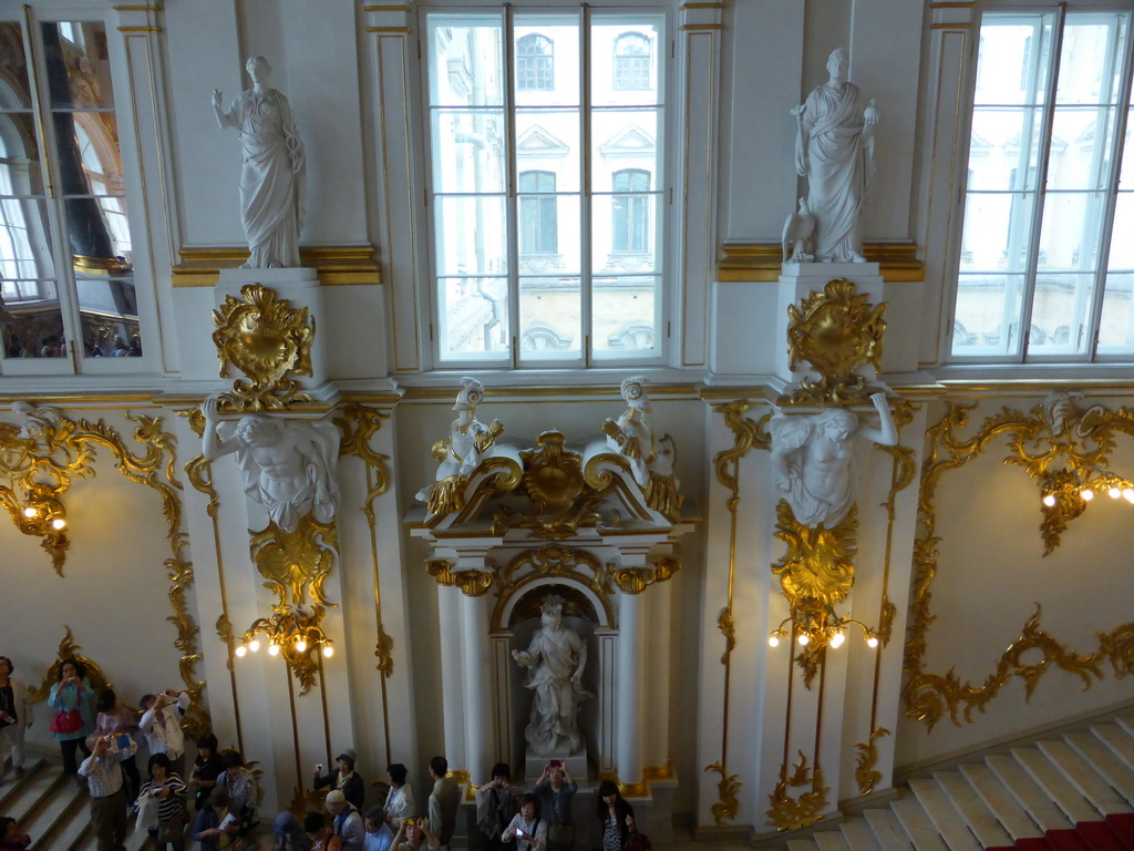 Sculpture `Justice` and two other sculptures at the Jordan Staircase of the Winter Palace of the State Hermitage Museum, viewed from above