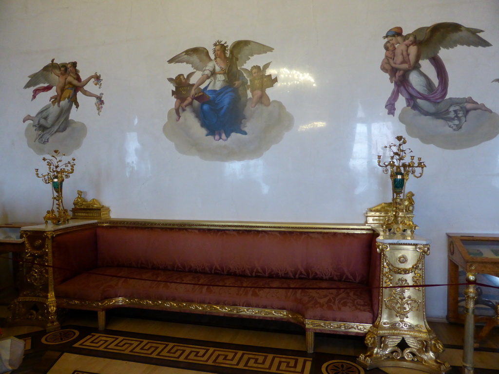 Wall paintings and sofa in the Malachite Room at the First Floor of the Winter Palace of the State Hermitage Museum