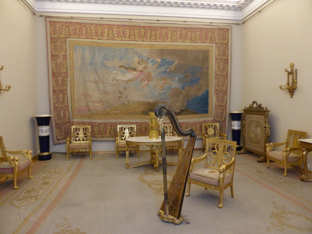 Harp, tapestry and furniture in a room at the First Floor of the Winter Palace of the State Hermitage Museum